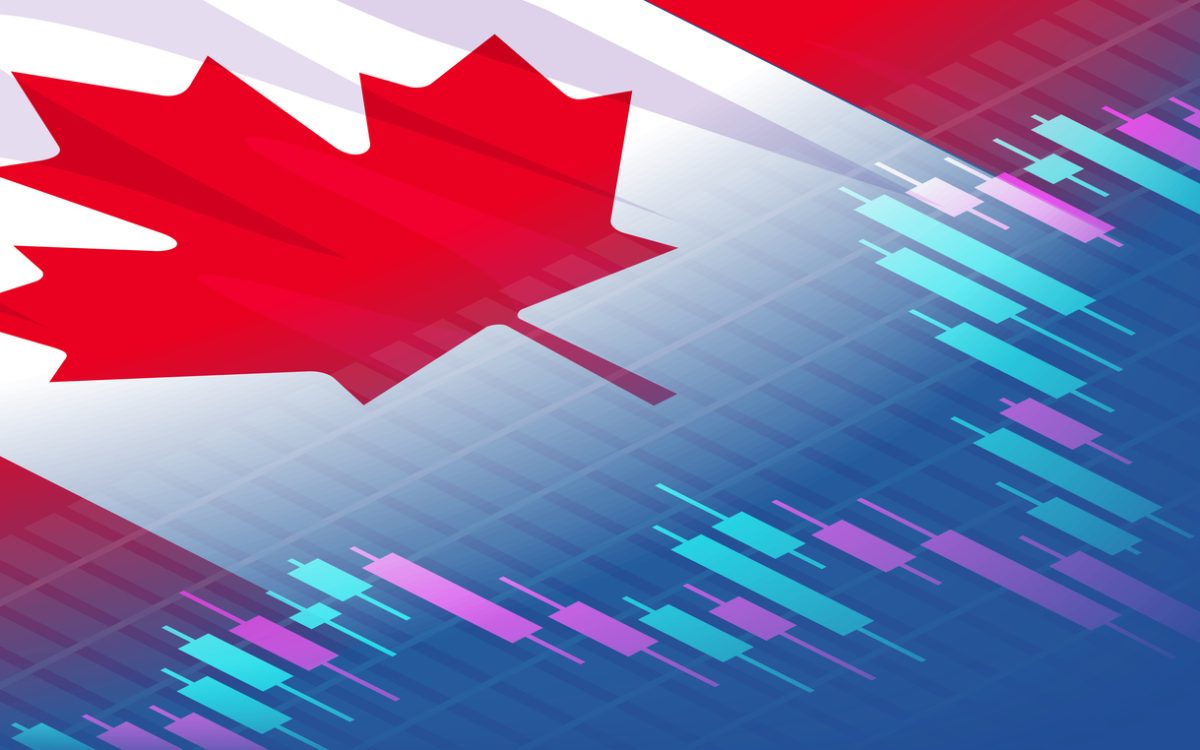 Stock exchange chart graph on canadian flag background.