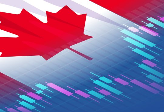 Stock exchange chart graph on canadian flag background.