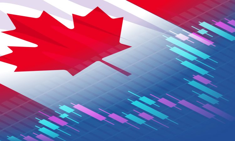 Stock exchange chart graph on canadian flag background.