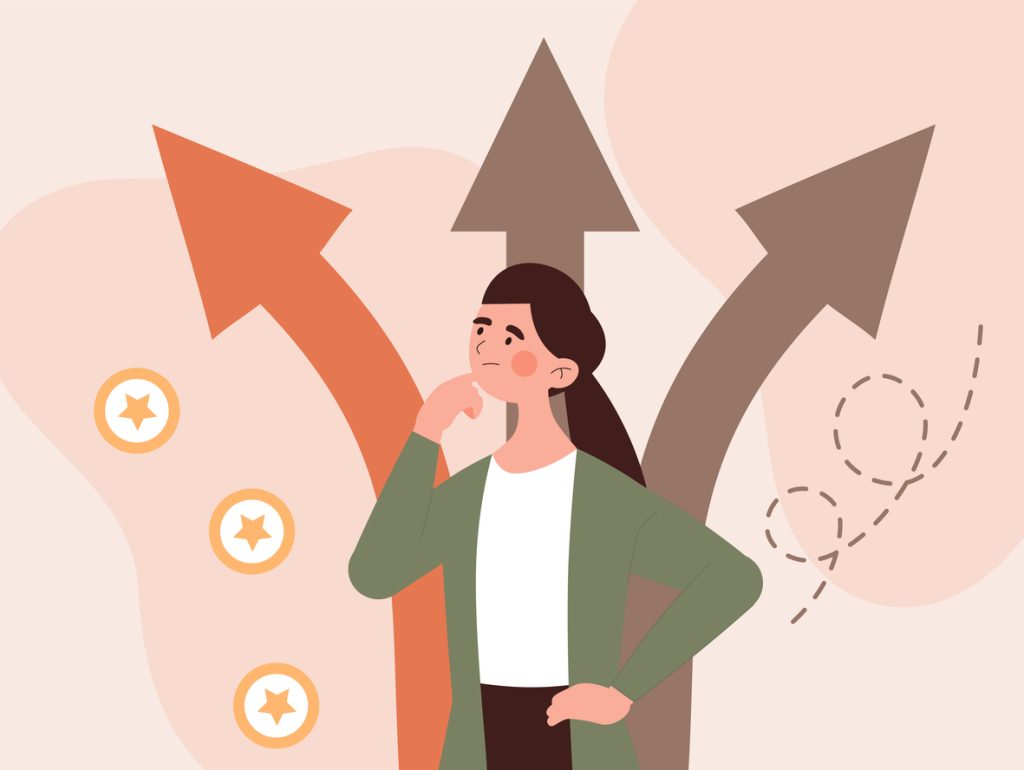 Illustration of person with arrows behind them, considering different pathways
