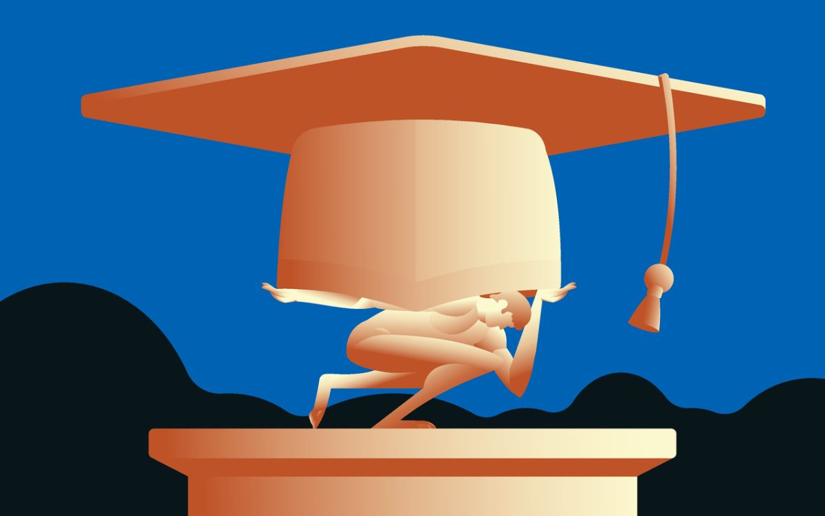 Statue of Atlas holding giant graduate cap.