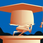 Statue of Atlas holding giant graduate cap.