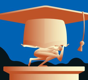 Statue of Atlas holding giant graduate cap.