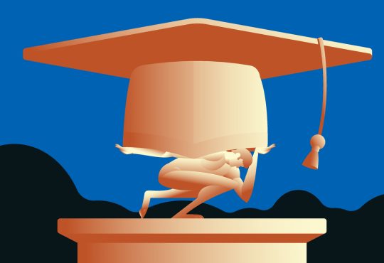 Statue of Atlas holding giant graduate cap.