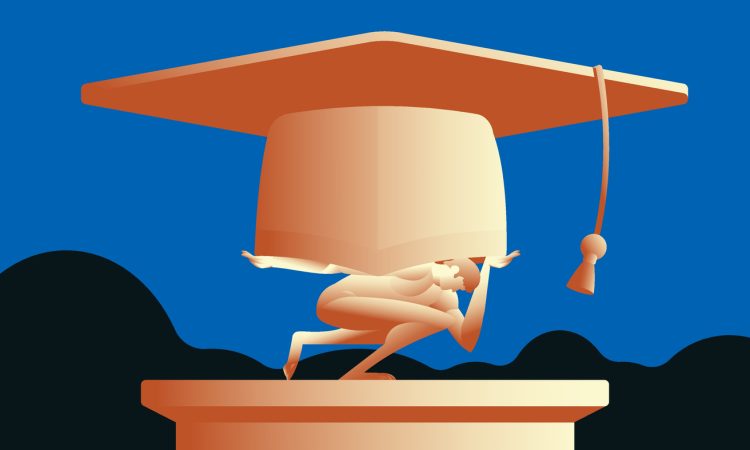 Statue of Atlas holding giant graduate cap.