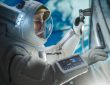 Astronaut in suit working on space station