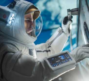 Astronaut in suit working on space station