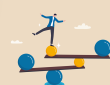 Illustration of person balancing on stack of unsteady planks and balls