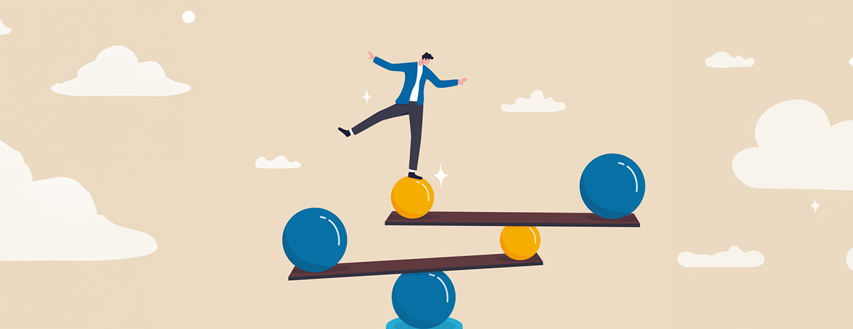 Illustration of person balancing on stack of unsteady planks and balls