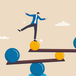 Illustration of person balancing on stack of unsteady planks and balls