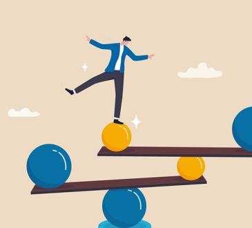 Illustration of person balancing on stack of unsteady planks and balls