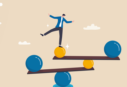 Illustration of person balancing on stack of unsteady planks and balls