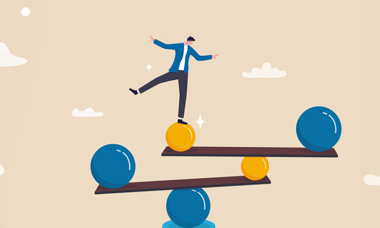 Illustration of person balancing on stack of unsteady planks and balls