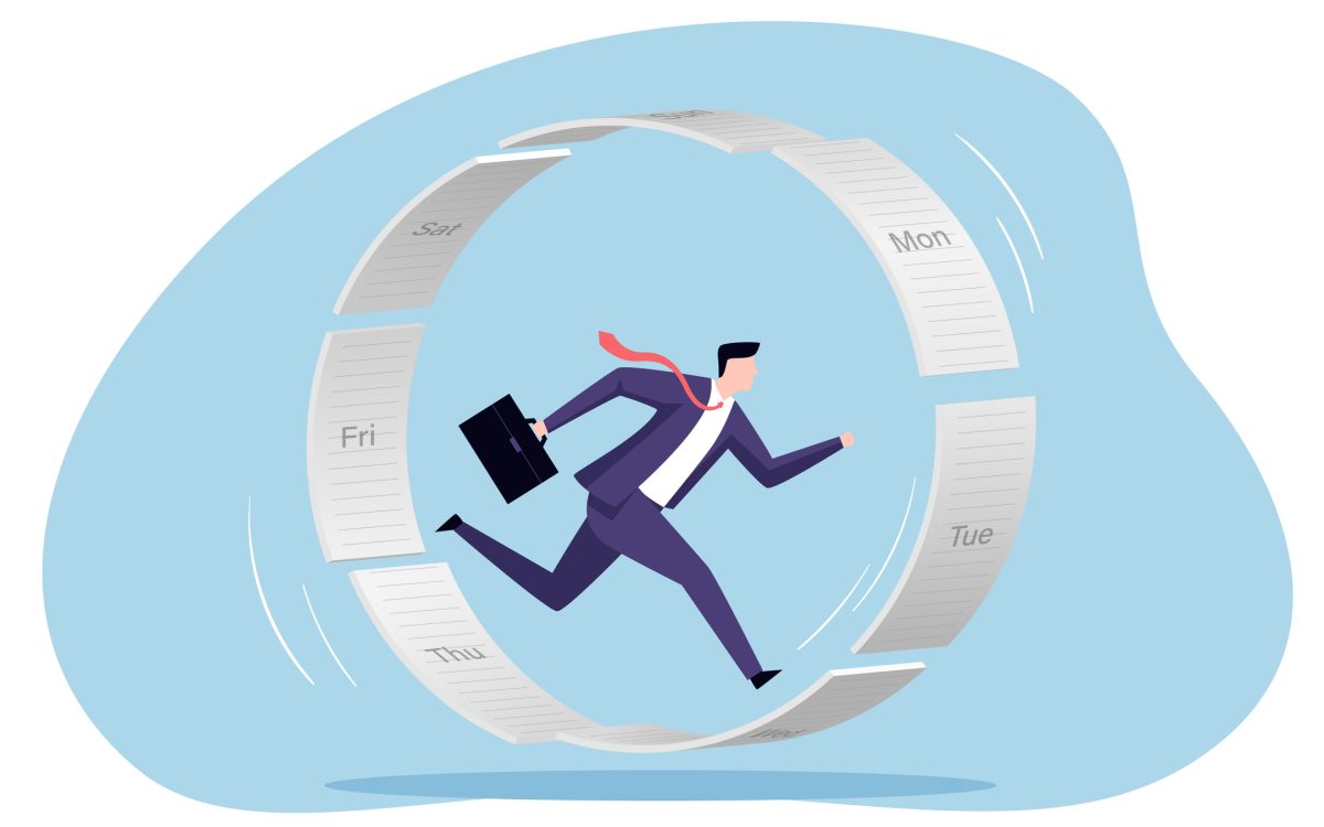 A businessman running frantically to keep up with a constantly rotating cycle of daily schedules represented by pages of a calendar. It symbolizes the overwhelming pressure and relentless pace of modern work life.