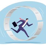 A businessman running frantically to keep up with a constantly rotating cycle of daily schedules represented by pages of a calendar. It symbolizes the overwhelming pressure and relentless pace of modern work life.