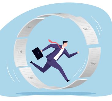 A businessman running frantically to keep up with a constantly rotating cycle of daily schedules represented by pages of a calendar. It symbolizes the overwhelming pressure and relentless pace of modern work life.