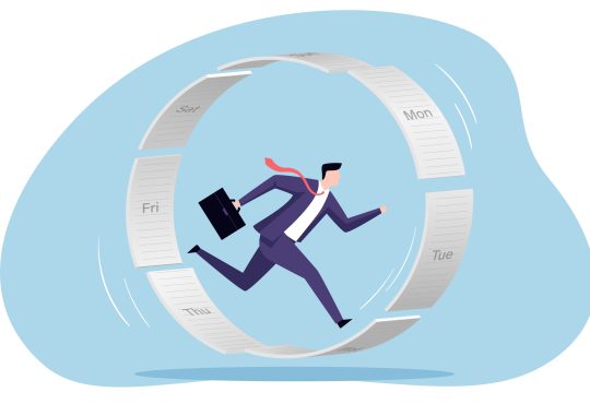 A businessman running frantically to keep up with a constantly rotating cycle of daily schedules represented by pages of a calendar. It symbolizes the overwhelming pressure and relentless pace of modern work life.