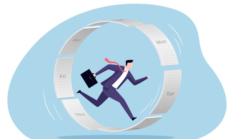 A businessman running frantically to keep up with a constantly rotating cycle of daily schedules represented by pages of a calendar. It symbolizes the overwhelming pressure and relentless pace of modern work life.