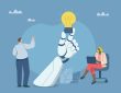 Collaboration of personnel with artificial intelligence or AI, Promoting ideas and creativity, Innovative new product development, Business team working with a robot hand that holds a light bulb.