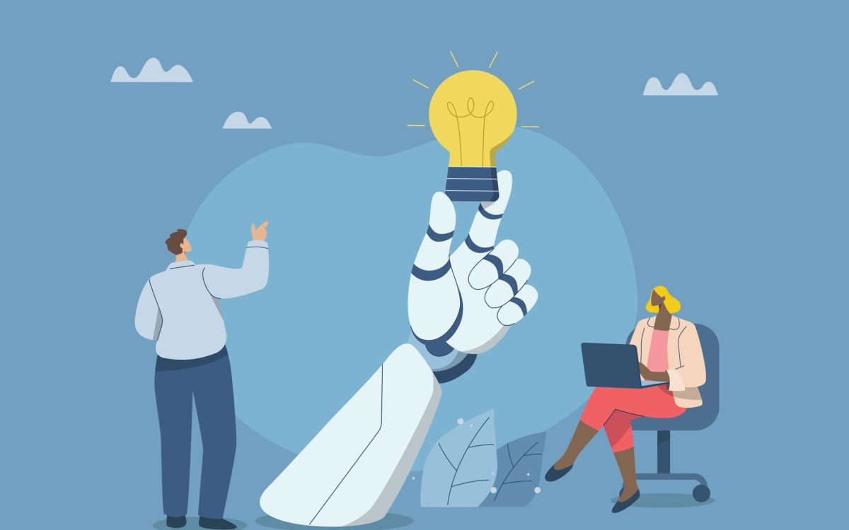 Collaboration of personnel with artificial intelligence or AI, Promoting ideas and creativity, Innovative new product development, Business team working with a robot hand that holds a light bulb.