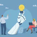 Collaboration of personnel with artificial intelligence or AI, Promoting ideas and creativity, Innovative new product development, Business team working with a robot hand that holds a light bulb.