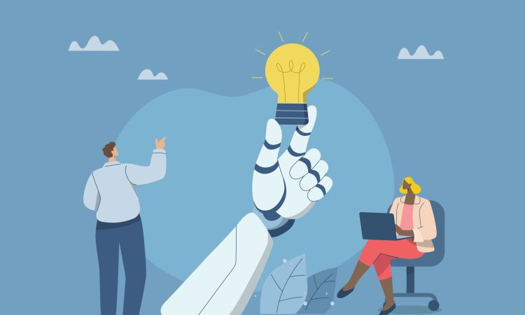 Collaboration of personnel with artificial intelligence or AI, Promoting ideas and creativity, Innovative new product development, Business team working with a robot hand that holds a light bulb.