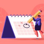 Female Character Circle Date on Huge Calendar Planning Important Matter. Time Management, Work Organization and Life Events Notification, Memo Reminder, Work Plan. Cartoon Vector Illustration
