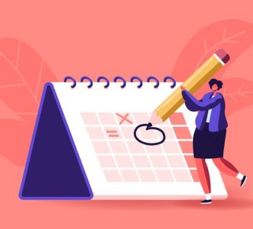 Female Character Circle Date on Huge Calendar Planning Important Matter. Time Management, Work Organization and Life Events Notification, Memo Reminder, Work Plan. Cartoon Vector Illustration