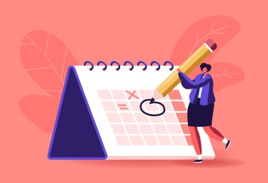 Female Character Circle Date on Huge Calendar Planning Important Matter. Time Management, Work Organization and Life Events Notification, Memo Reminder, Work Plan. Cartoon Vector Illustration