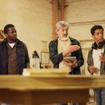 Workshop, men and group with tablet, carpenter or discussion with research, woodworking or technique. People, mature mentor and review of info