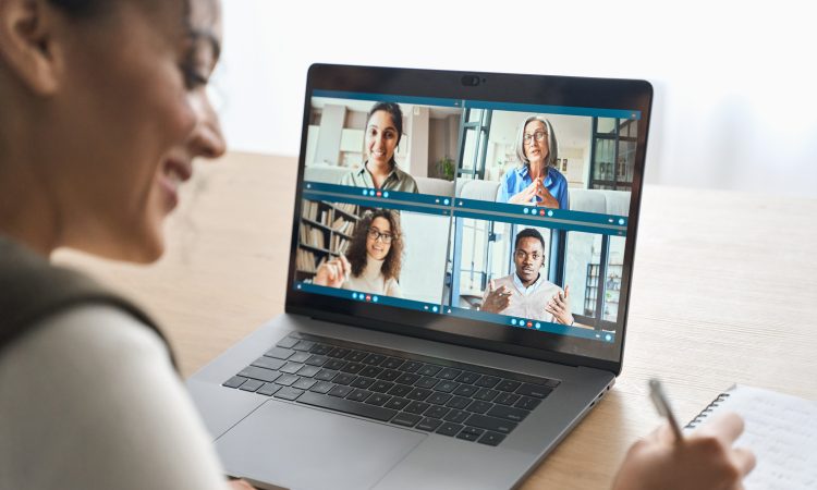 African American female student having video call videoconference on laptop. stock photo