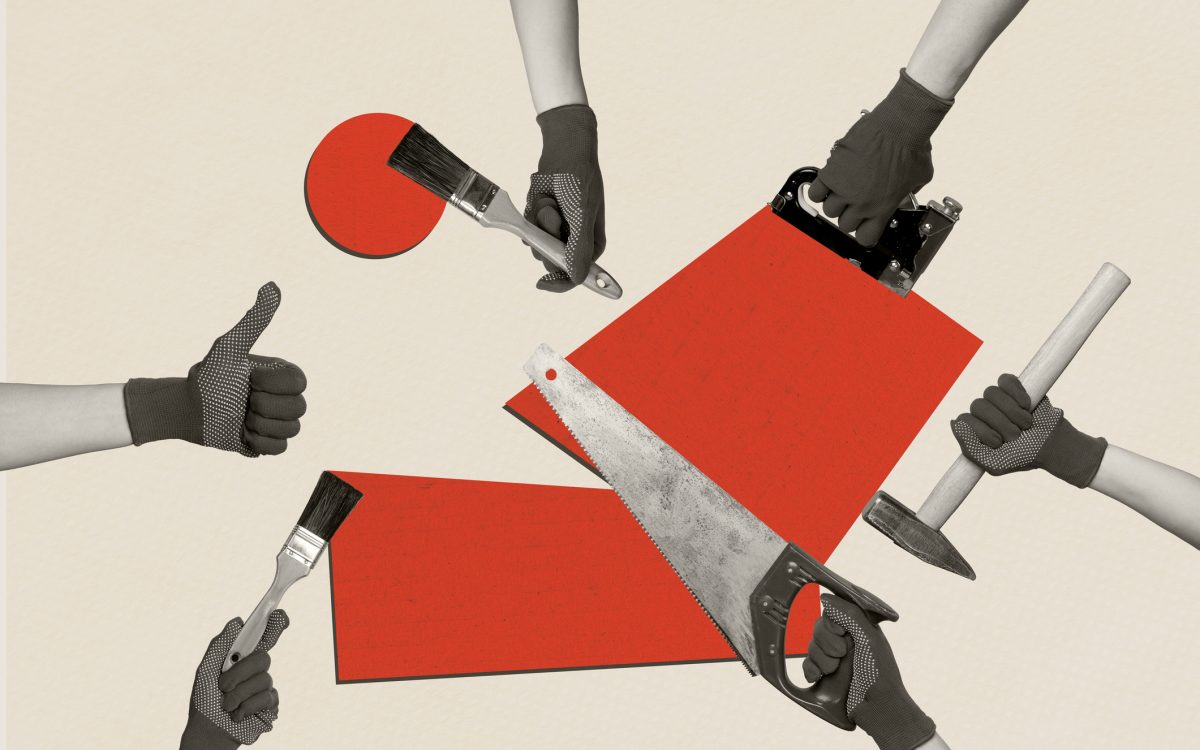 Composite sketch image trend artwork 3D photo collage of hand arm hold saw blade tool build retro painter brush hammer thumb up gesture.