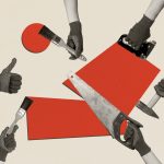 Composite sketch image trend artwork 3D photo collage of hand arm hold saw blade tool build retro painter brush hammer thumb up gesture.