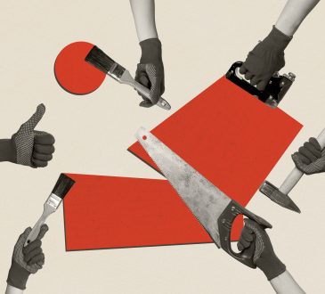 Composite sketch image trend artwork 3D photo collage of hand arm hold saw blade tool build retro painter brush hammer thumb up gesture.