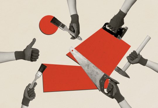 Composite sketch image trend artwork 3D photo collage of hand arm hold saw blade tool build retro painter brush hammer thumb up gesture.