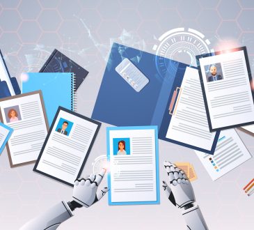 robot hands choosing resumes vector illustration