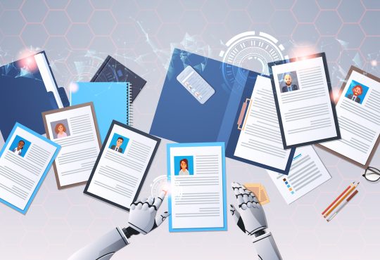 robot hands choosing resumes vector illustration