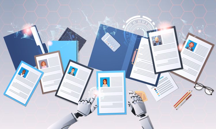 robot hands choosing resumes vector illustration