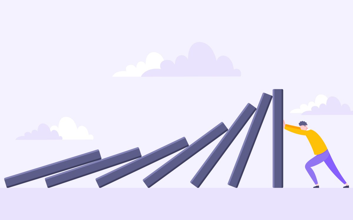 Domino effect or business resilience metaphor vector illustration. Adult young man pushing falling domino line business concept of problem solving.