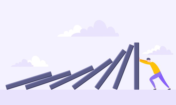 Domino effect or business resilience metaphor vector illustration. Adult young man pushing falling domino line business concept of problem solving.