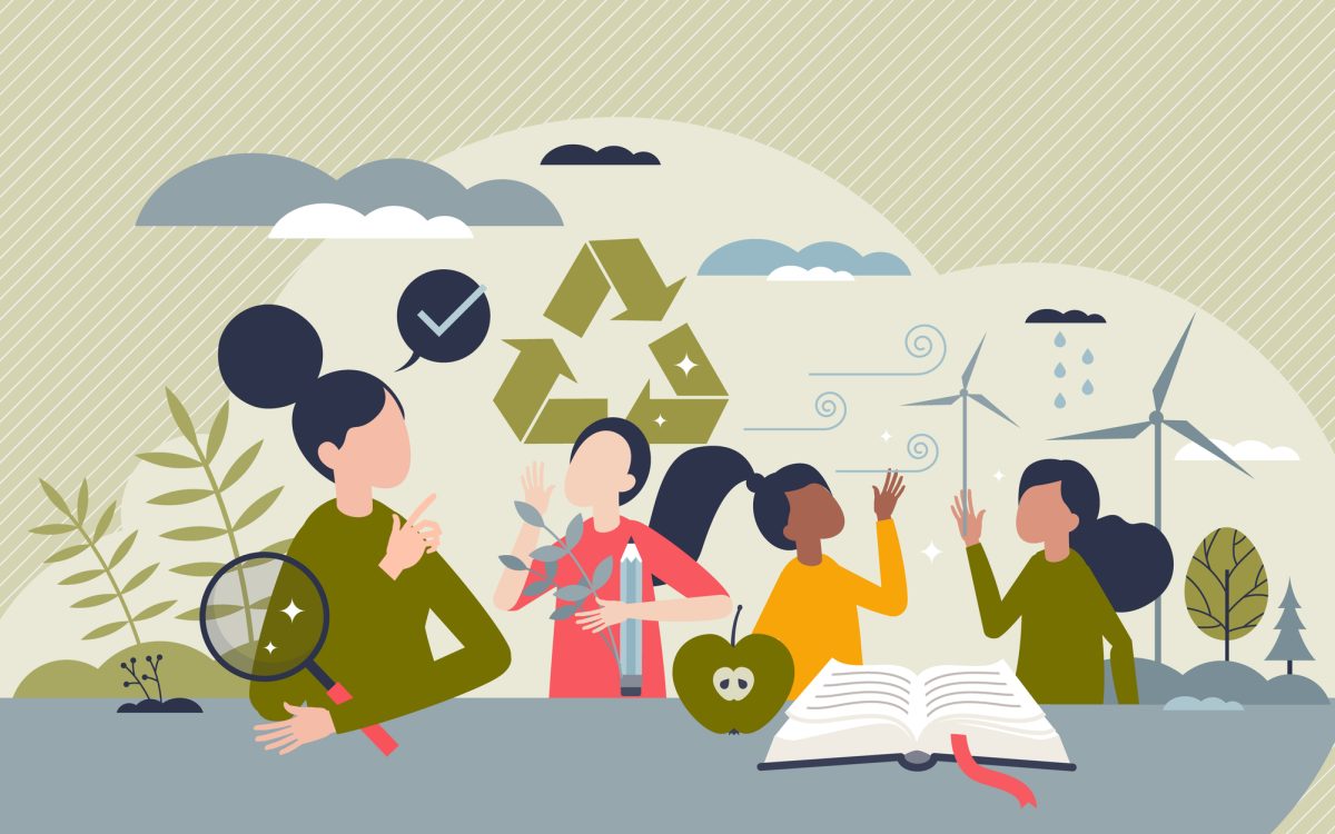 Education for sustainability as teaching ecology for kids tiny person concept. Environment, climate and nature protection learning in school for future with responsible community vector illustration.