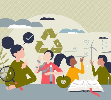 Education for sustainability as teaching ecology for kids tiny person concept. Environment, climate and nature protection learning in school for future with responsible community vector illustration.