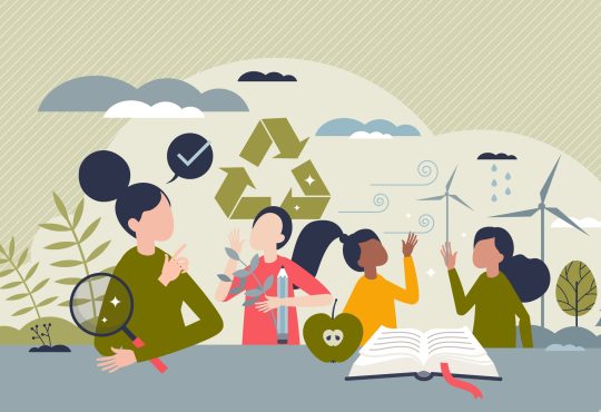 Education for sustainability as teaching ecology for kids tiny person concept. Environment, climate and nature protection learning in school for future with responsible community vector illustration.