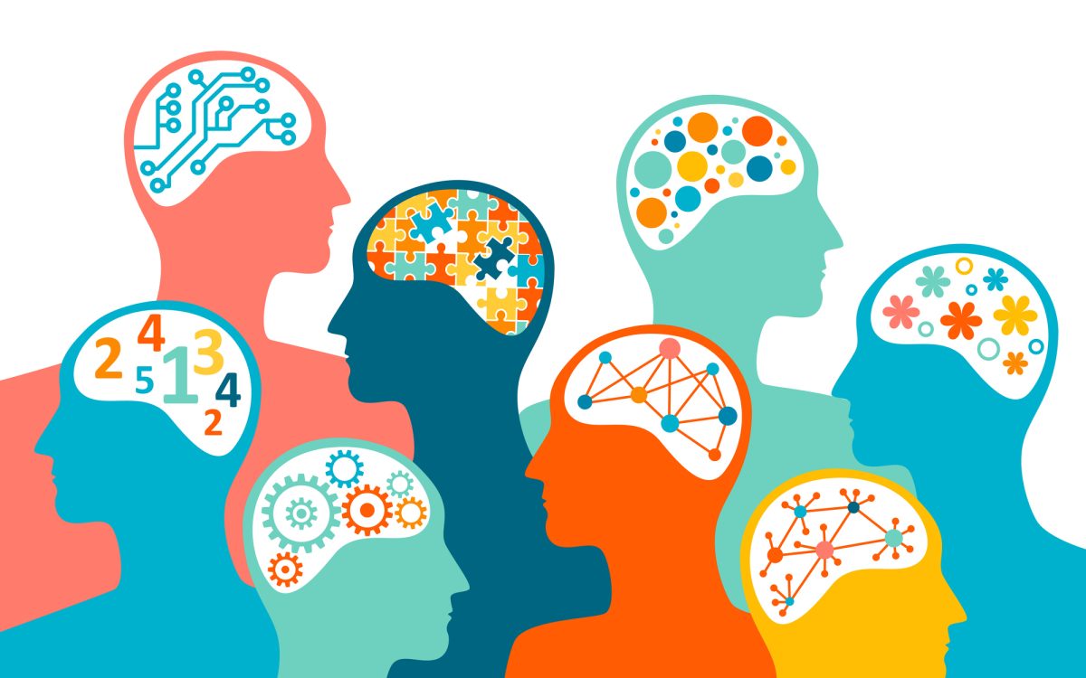 Groups of people with shared interests or aims. Concept of the diversity of people's talents and skills associated with different brains.