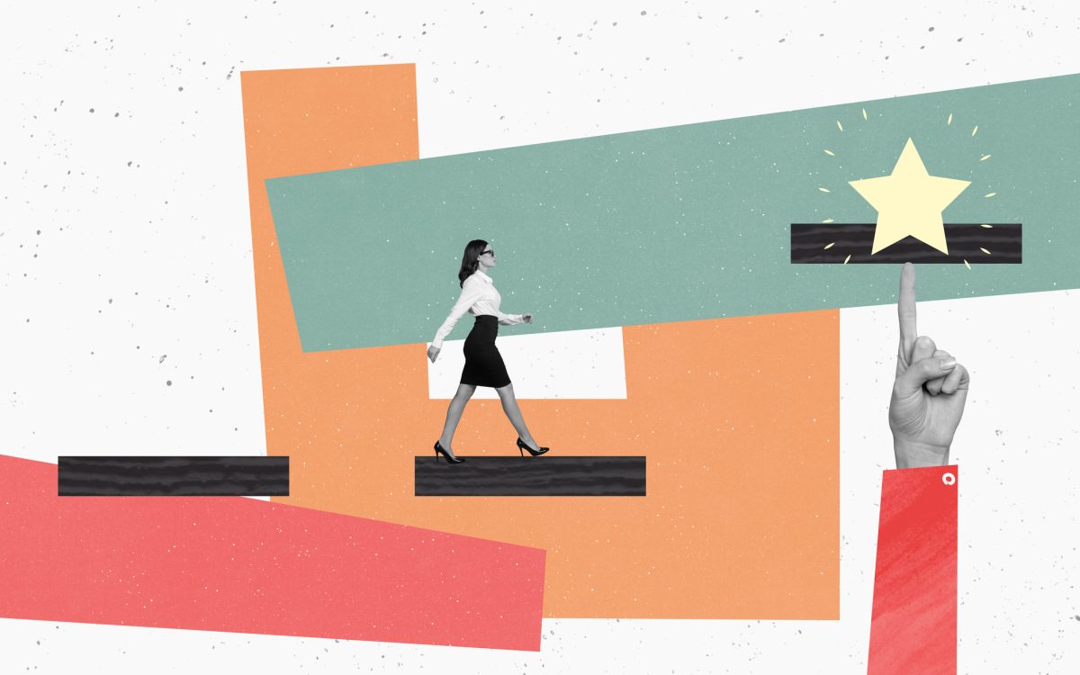 Photo creative collage picture businesswoman walk towards star target goal achievement pointing finger formalwear career promotion purpose.