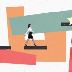 Photo creative collage picture businesswoman walk towards star target goal achievement pointing finger formalwear career promotion purpose.