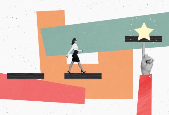 Photo creative collage picture businesswoman walk towards star target goal achievement pointing finger formalwear career promotion purpose.