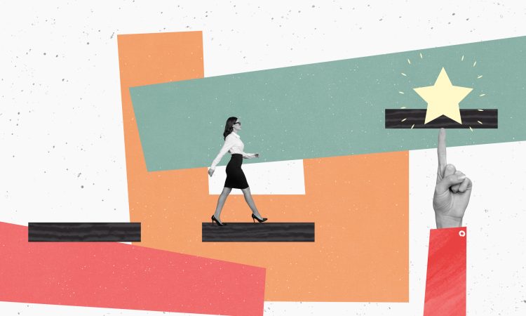 Photo creative collage picture businesswoman walk towards star target goal achievement pointing finger formalwear career promotion purpose.