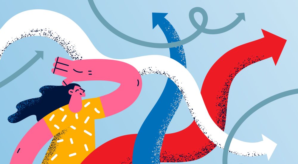 Choosing right direction and strategy concept. Young smiling woman cartoon character standing looking at colorful arrows going to various directions trying to choose one vector illustration