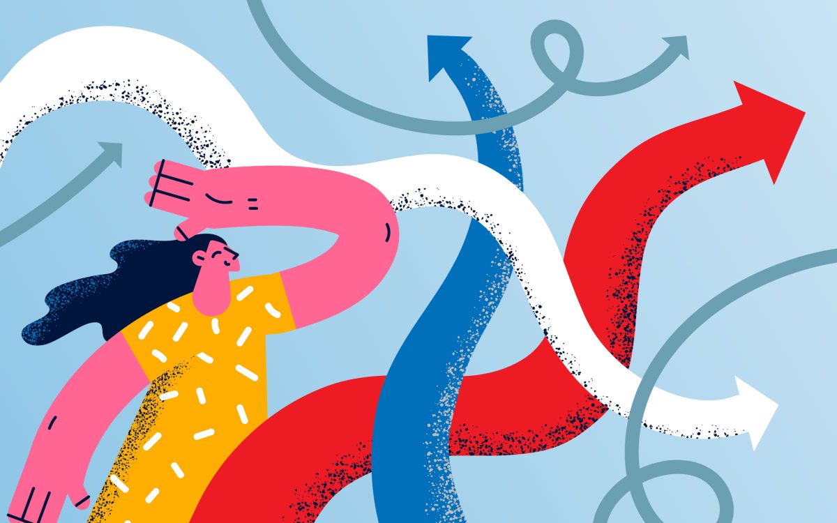 Choosing right direction and strategy concept. Young smiling woman cartoon character standing looking at colorful arrows going to various directions trying to choose one vector illustration
